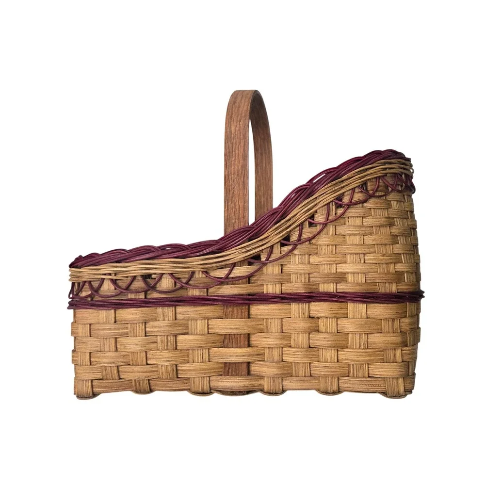 Vintage Signed Artisan Woven Splint Garden Gathering Basket Wood Handle 1996